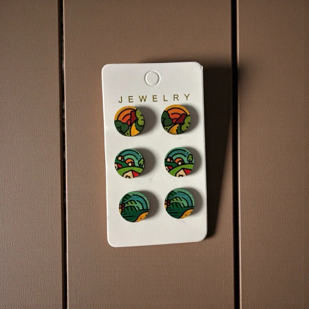 Women Colorful Farmhouse Scene Round Earrings Set